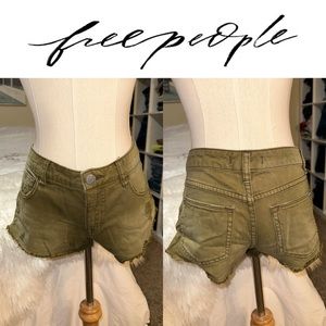 Free People | Olive Army Green Distressed Raw Hem Mid Rise Denim Shorts